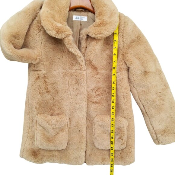 HM Faux Fur Teddy Coat Womens Beige Snap Front Collared Long Sleeve Jacket Sz 10 - Picture 5 of 9